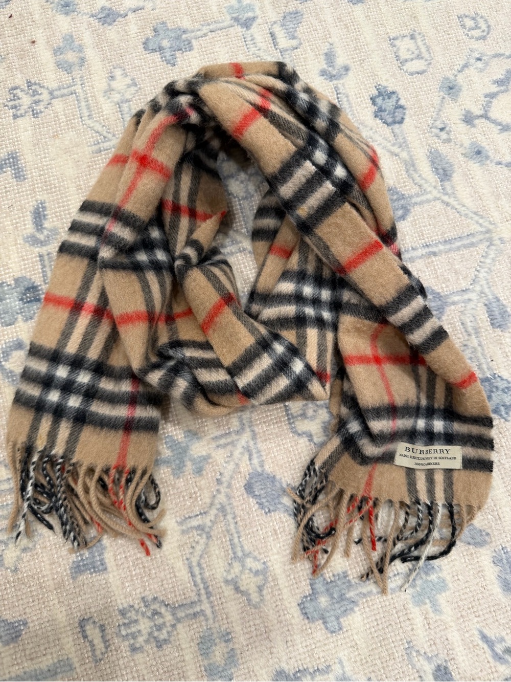 Burberry Beige Check Wool Scarf with Red and Black Accents